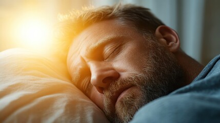 A serene image of a man sleeping peacefully on his pillow, bathed in warm sunlight, conveying tranquility and the beauty of restful moments in everyday life.