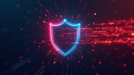 abstract representation of malware attack being blocked by firewall, glowing data pulses crashing into shield, red and blue lighting