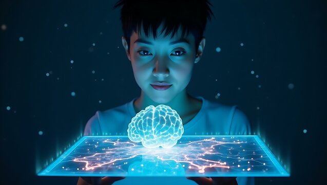 A young Asian female gazes at a glowing holographic brain, evoking thoughts of innovation and technology.