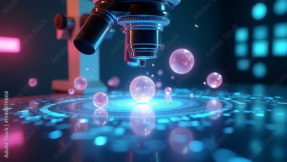 Poster a close-up view of a microscope illuminating colorful bubbles on a futuristic digital surface.