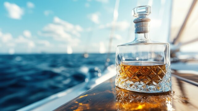A stunning glass whiskey decanter sits prominently on a polished wooden surface of a sailing vessel, capturing the essence of relaxation and luxury amidst open sea views.