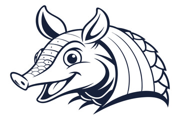 Smiling armadillo head shows its tongue with detailed monochrome line art appearance