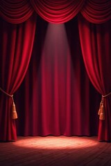 Deep crimson stage curtain, bright spotlight center stage, cinema, theatrical, stage lighting