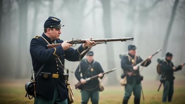 A civil war soldier fires his rifle while others charge forward