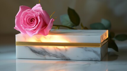 Pink rose resting on illuminated marble box.
