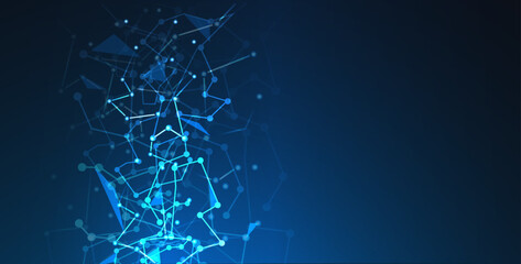 Futuristic tech background. Blue abstract digital geometric pattern with connecting the dots lines and triangles. Network technology and connection concept. High-tech network nodes design - for stock