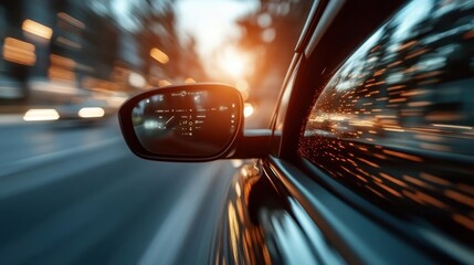 A captivating image capturing the speed of a car on urban streets during twilight, highlighting the vibrant motion blur and reflections in the side mirror.