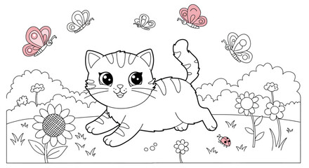 Cute Playful Kitten Coloring Book Page For Kids