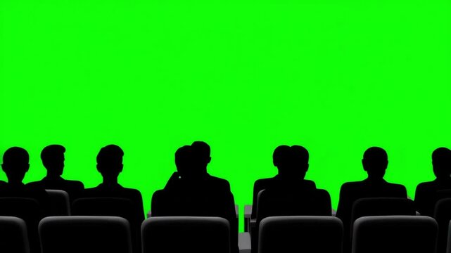 Crowd of people silhouette back view on green screen background. Watching show,movie cinema theater, Session or debate of people in large class room. Modern cinema space for watching movies 