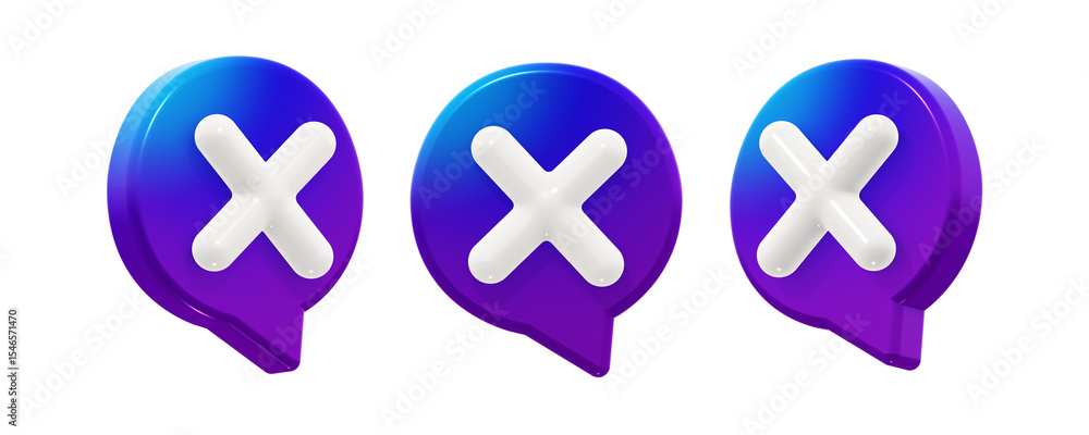 Poster modern round decline negative cross speech bubble with a smooth blue-to-purple gradient. 3d render i