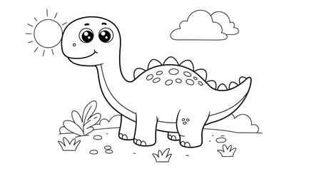 Easy Cute Dinosaur Cartoon Coloring Book Page For Kids