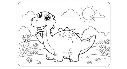 Easy Cute Dinosaur Cartoon Coloring Book Page For Kids
