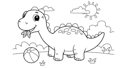 Easy Cute Dinosaur Cartoon Coloring Book Page For Kids