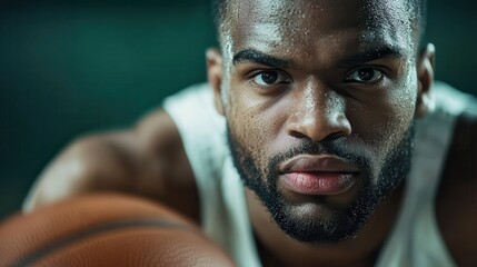A striking portrait of a basketball player poised for action, showcasing the intense focus and determination that embodies the spirit of competitive sports and athleticism.