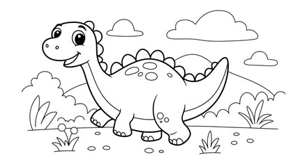 Easy Cute Dinosaur Cartoon Coloring Book Page For Kids