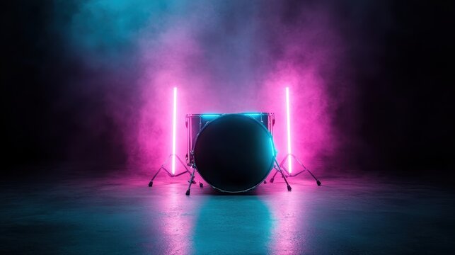 A standalone drum under vibrant neon lighting and a smoky background, creating an electrifying atmosphere perfect for music lovers and nightlife enthusiasts.