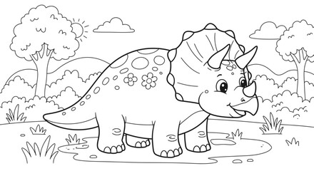 Easy Cute Dinosaur Cartoon Coloring Book Page For Kids