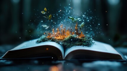 Obraz premium An enchanting city scene emerges from an open book, blending the realms of literature and imagination, showcasing a fantastical view filled with light and magic.