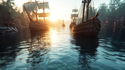 Three majestic sailing ships glide gracefully across reflective waters during sunset, encapsulating a sense of tranquility and adventure in a serene natural setting.