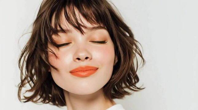 Cute model with stunning big eyes and playful short haircut vdo, sweet peach lipstick, smile, puckered lips, charming, chic, beauty tips, skincare, makeup tips, cosmetic, lifestyle, joy, natural look