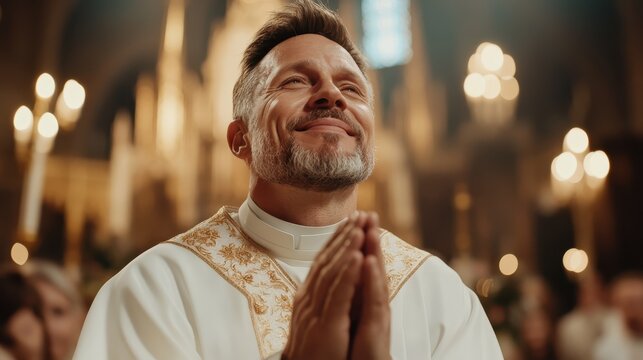 A serene scene of a man in religious robes, eyes closed in prayer, reflecting peace and spiritual connection within a beautifully lit sacred space filled with devotion.