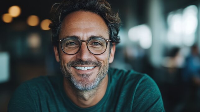 A cheerful man with glasses displays a warm smile that radiates positivity and friendliness, embodying warmth and approachability in a casual, relatable environment.