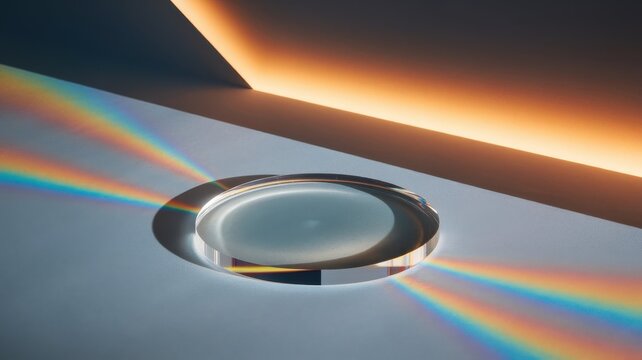 Spectroscopic prism refracting light on minimalist stage with illumination