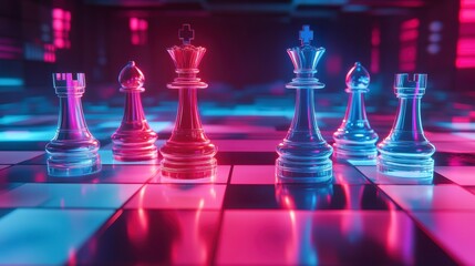 Glass chess pieces on a neon-lit board, strategic game concept.
