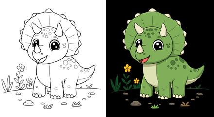 Easy Cute Dinosaur Cartoon Coloring Book Page For Kids