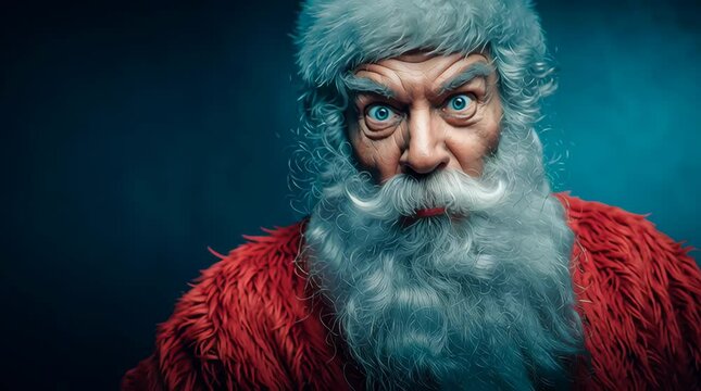 Angry Santa Claus pointing finger and speaking, looking at camera on blue background in close-up mode indoors. Aggressive negative emotion, irritated, shouting facial expression