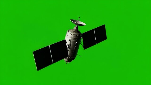 Realistic Satellite with Solar Panels Isolated on Chromakey Green Background for Science and Tech Videos