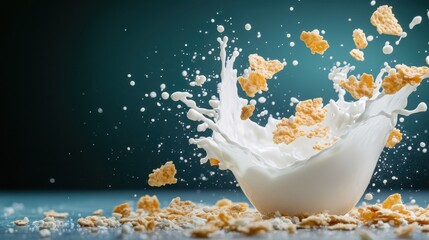 This image captures a vibrant splash of milk and cereal, perfectly showcasing the lively interaction of breakfast items in a stunning and dynamic way.