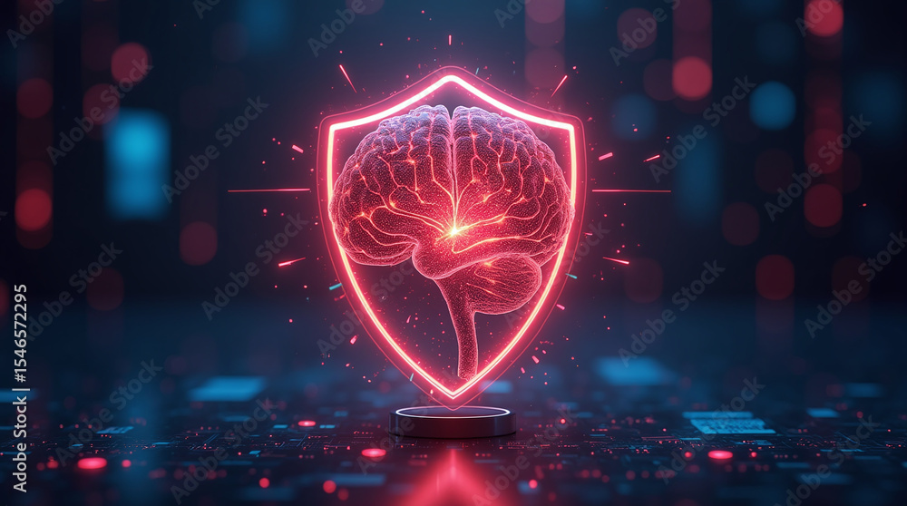 Poster ai brain protected by glowing shield, artificial intelligence and data encryption, futuristic hologr