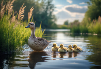 Fototapeta premium A duck with ducklings crossing a calm pond with reflections