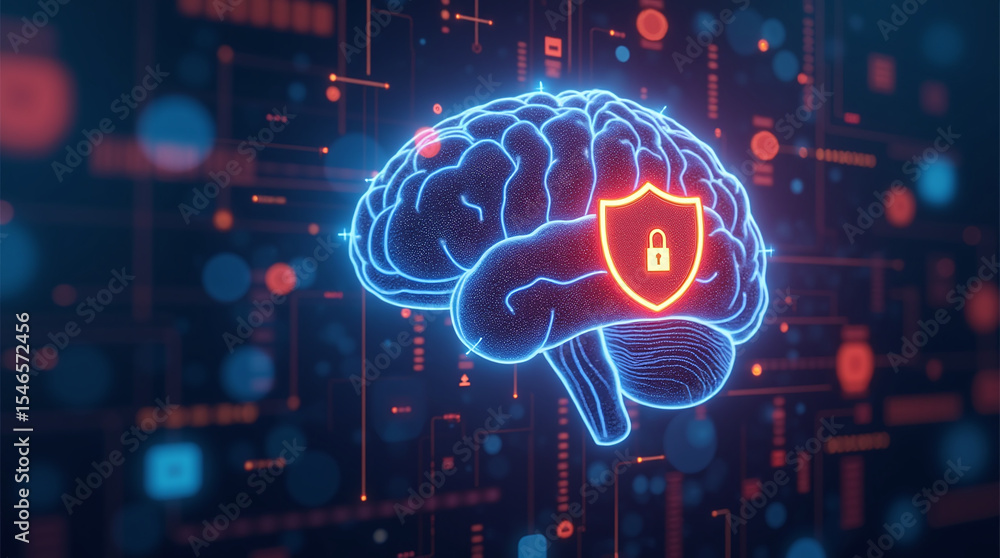 Poster ai brain protected by glowing shield, artificial intelligence and data encryption, futuristic hologr
