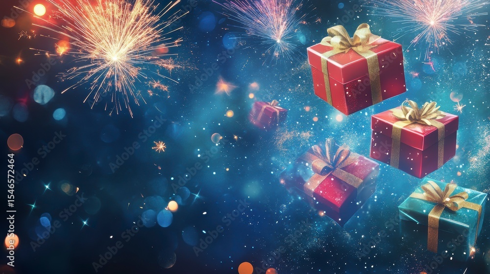 Poster festive gifts floating amidst sparkling fireworks and bokeh lights on a dark blue background.