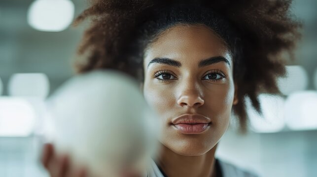 A fit young woman with natural curls confidently holds a sports ball in front of her, showcasing determination and strength in an inspiring athletic environment. - Powered by Adobe