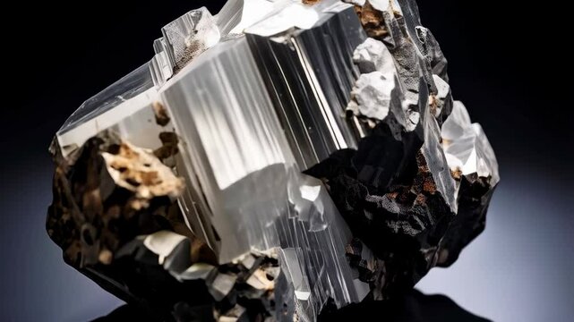 Specular Hematite with tabular Barite, a mineral specimen exhibiting grey, brown and white hues on a reflective surface, studio shot