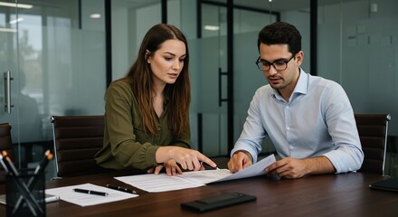 Business colleagues reviewing documents together in office