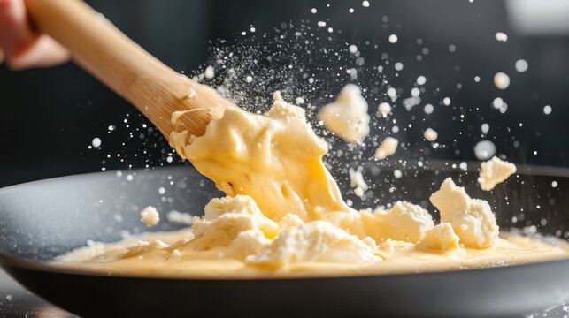 An action-packed image captures the dynamic process of whisking eggs in a sleek kitchen, emphasizing movement and the joyful creativity of cooking, perfect for food enthusiasts.