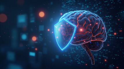AI brain protected by glowing shield, artificial intelligence and data encryption, futuristic holograms, high-tech background, vibrant lighting