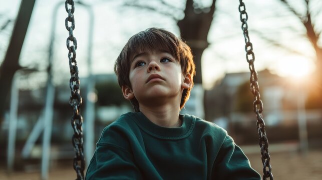 A thoughtful young boy sits on a swing during sunset, lost in contemplation, capturing the essence of childhood innocence and introspection in a peaceful playground setting.
