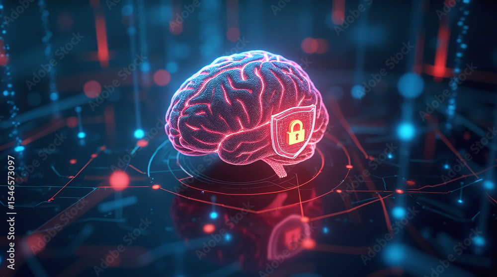 Poster ai brain protected by glowing shield, artificial intelligence and data encryption, futuristic hologr