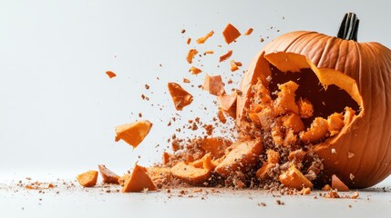 A pumpkin bursts apart, scattering pieces dramatically against a clean backdrop, capturing the essence of fall and the playful side of Halloween festivities.