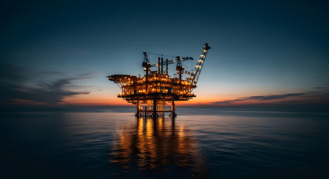 Offshore Oil Rig at Dusk Illuminated Energy Production Platform Against Ocean Sunset. - Powered by Adobe