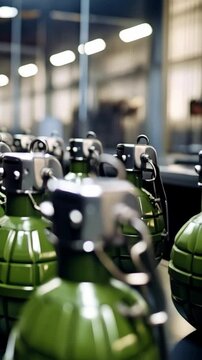 Row of green pineapple hand grenades with silver pins on display in an industrial factory setting under bright fluorescent lights, warfare concept.