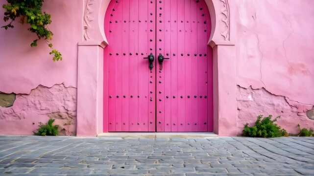 Arched pink door with studs and vintage handles set in a textured pink wall with green plants growing at the base.