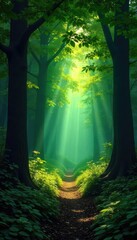 A shy, secluded forest scene; dappled sunlight filters through dense canopy, creating an atmosphere of mystery and quiet solitude Perfect for fantasy, fairytale, or nature themes , trees, fairytale