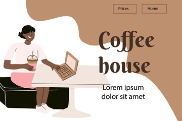 Coffee house scene with a woman using laptop for relaxation and enjoyment.