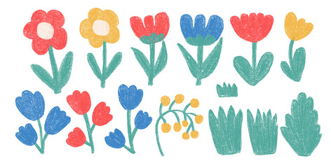 Flowers crayon drawn set. Naive floral doodle isolated on white background. Daisy, poppy, grass, leaves sketch elements. Vector childish style illustration by pencil.